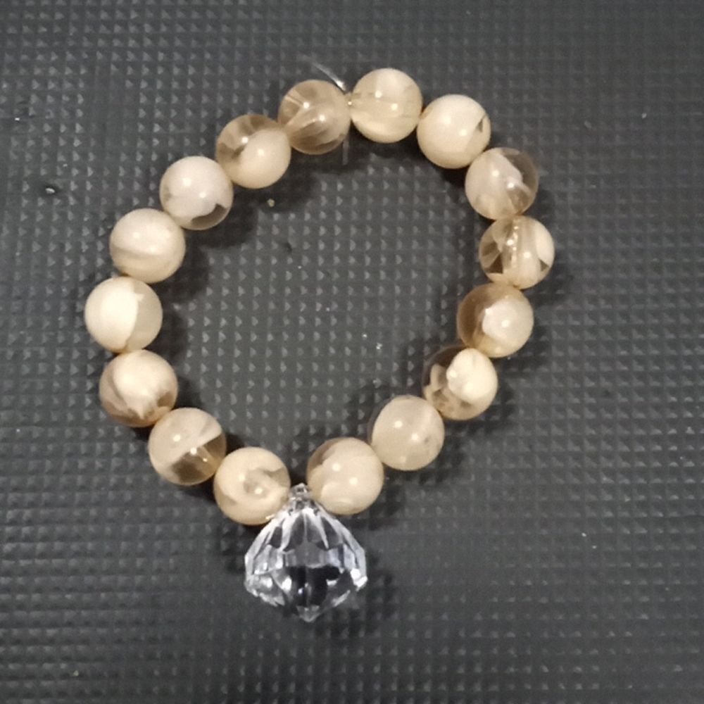 Repurposed Handmade ivory shamballa marble beads bracelet w clear jewel/gem